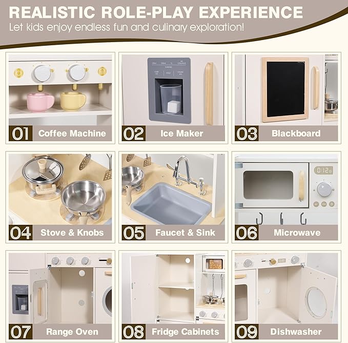 Wooden Kitchen Playset for Kids Toddler, Pretend Play Kitchen Set Toy for Girls and Boys, with Kitchen Accessories