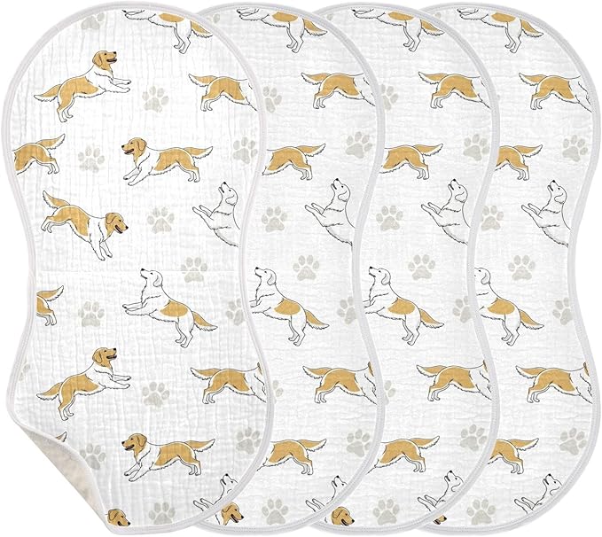 4 Pack Muslin Burp Cloths Golden Dogs Paw Prints White Cotton Baby Burp Cloths Ultra Absorbent Soft Burping Cloth Washcloths for Newborn Baby Boys Girls 22x11 Inch