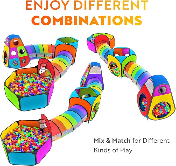 Playz 5pc Kids' Play Tents & Tunnels - Ball Pit for Toddlers, Basketball Hoop, Crawling Tubes, Pop-Up Playhouses, Baby Obstacle Course for Indoor or Outdoor Use