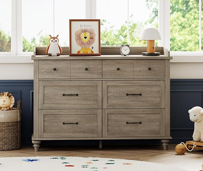 WAMPAT Grey Baby Dresser with 6 Drawers for Kids Room, Wooden Kids Dressers Double Dresser for Bedroom, Rustic Chest of Drawers Storage Dressers Organizer for Nursery, 47 Inch