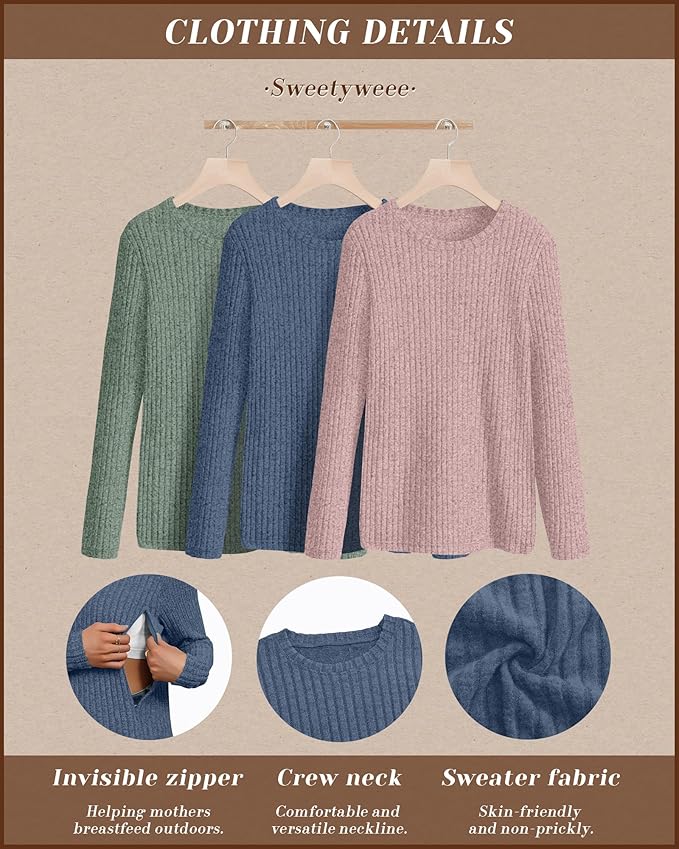 3 Pack Women's Nursing Long Sleeve Tops Breastfeeding Thermal Sweaters with Hidden Zipper Maternity Ribbed Shirts