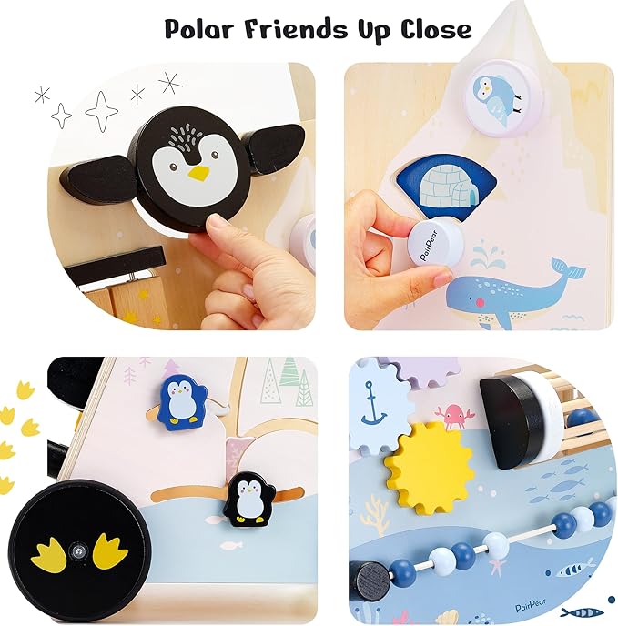 PairPear Polar Explorer Wooden Baby Walker, Montessori 9-in-1 Activity Push Walker Activity Center Toys with Adjustable Speed & Height, Penguin Mirror, Shape Sorter Learning Toys Gift for Toddler 1-3