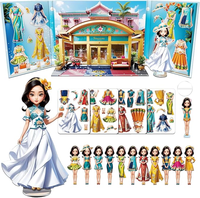 Yuzee Paper Dolls Stickers - Magnetic Dress Up Dolls for Girls - Toddler Travel Toys - 1 Paper Doll and 33 Clothing Accessories with 3D Magnetic Game Scene, Foster Creativity and Imagination