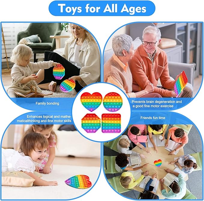 Multipurpose 4 Pack Rainbow Pop it Fidget Toy, Bubble Sensory Toy for Kids and Adults, Stress Reliever, 4 Shapes Poppers-Heart, Circle, Octagon, Square Pressure Relieving