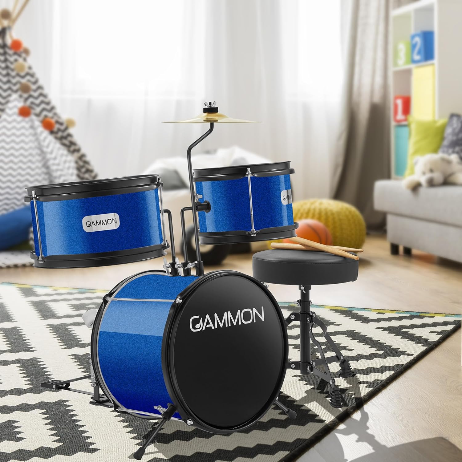 Gammon 3-Piece Junior Drum Set with Throne - Blue, Complete Beginner Kit with Bass Drum, Toms, Cymbal, Pedal, and Drumsticks