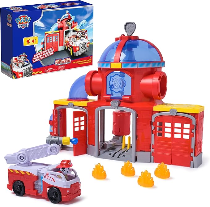 Paw Patrol Fire Rescue Command Center with Marshall Figure, Rescue Fire Truck, Lights, Launcher & Sound Fx, Kids Toys for Boys & Girls Ages 3 and Up