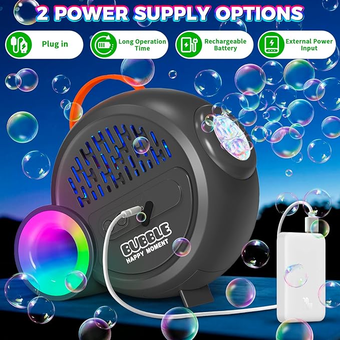 Rechargeable Bubble Machine with Upgrade RGB LED 16 Million Colors, 20000+ Bubbles Per Minute, Portable Bubble Maker for Kids, Weddings, Birthday Parties, Outdoor, Plug in or Battery Power