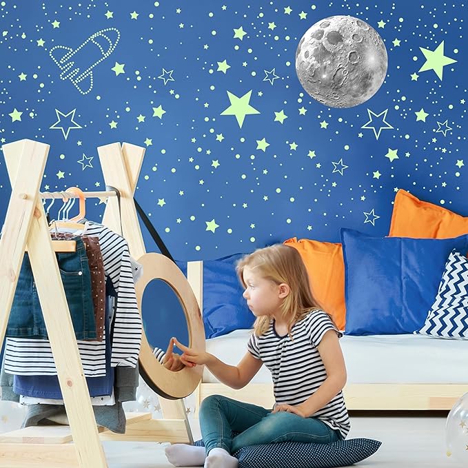 965 PCS Glow in The Dark Stars and Moon for Ceiling, Luminous Stars and Planet Wall Decals, Kids Room Decor, Glowing Galaxy Wall Stickers for Nursery Decorations (Green)