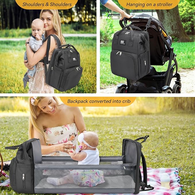 Diaper Bag Backpack with Changing Station – Large Waterproof Baby Bag for Moms & Dads, Pañaleras para Bebe, Multifunctional Diaper Backpack for Baby Girl, Travel Essentials (Black)