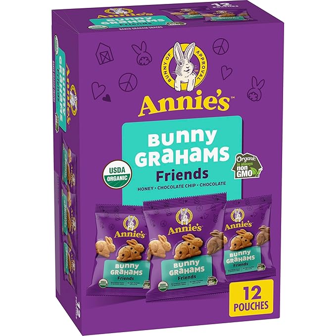 Annie's Organic Friends Bunny Grahams, Chocolate Chip, Chocolate, and Honey Baked Graham Snacks, 12 Pouches, 12 oz
