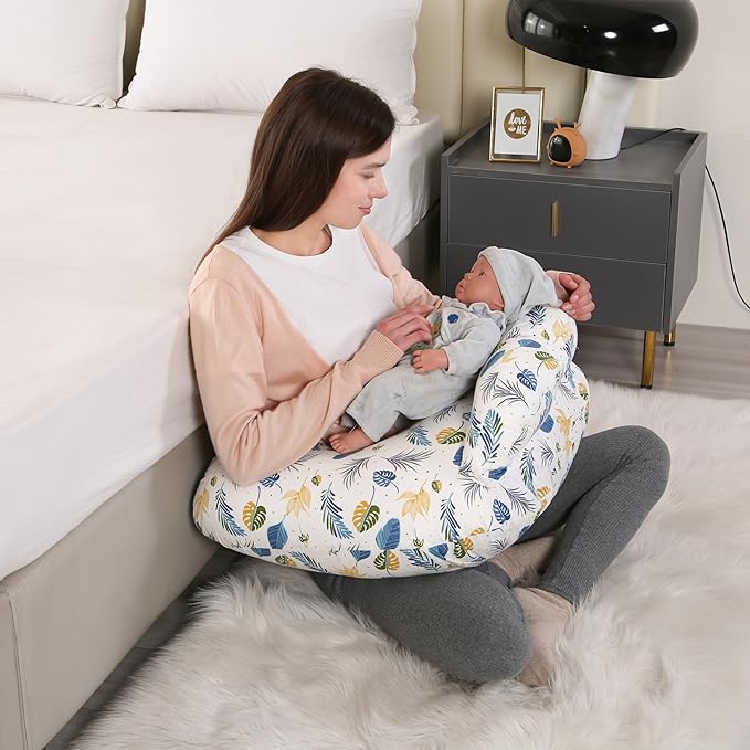 Nursing Pillow for Breastfeeding,Ergonomic Baby Feeding Pillows with Removable Washable Cotton Slipcover, Adjustable Waist Strap,Plus Size,More Support for Mom and Baby(Blue Leaf)