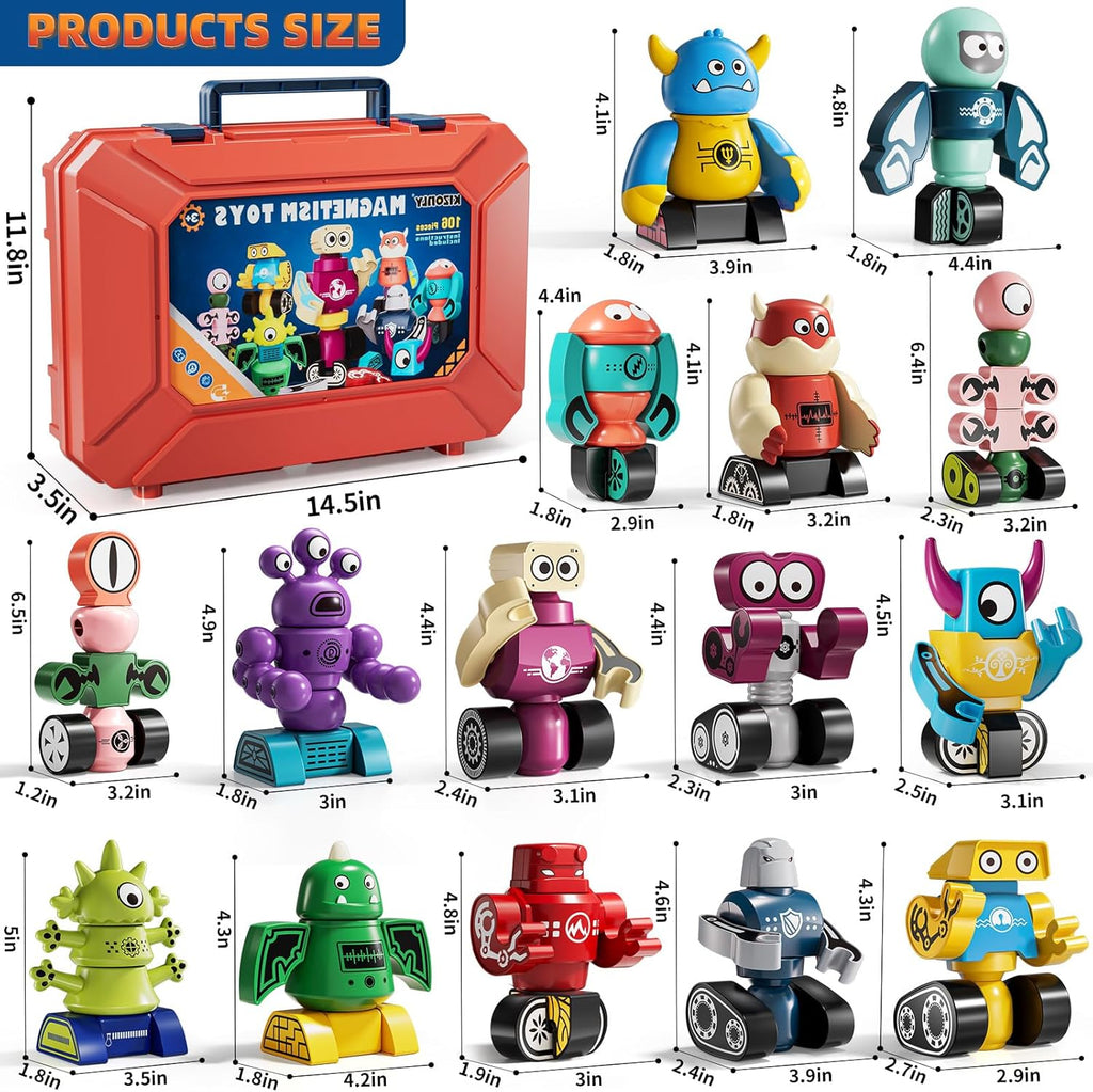 Magnets Robot Building Toys for Kids Ages 3-5 4-8 - 106 PCS Monsters Toys Robot Stacking Building Blocks Set with Storage Box, Creative Learning Christmas and Birthday Gifts for Boys Girls 2-4