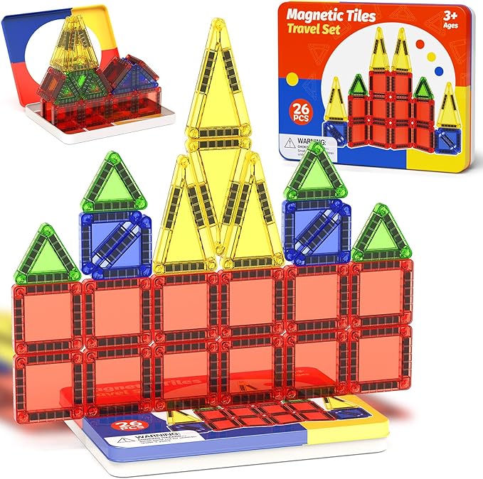 Magnetic Tiles Travel Toys with Storage Case, Portable STEM Building Blocks for 3-8 Year Olds, Toddler Airplane Activities & On-The-Go Birthday Gift for Boys & Girls