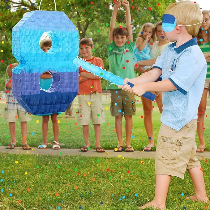 Sratte Number 1 2 3 4 5 6 7 8 9 Piñata with Stick Blindfold Confetti, Gradient Blue Piñata for Kids Boys Girls Birthday Party Anniversary Decorations Supplies(Number 8)