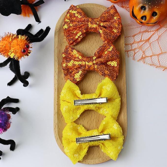 Halloween Hair Bows Clips Orange Sequin Hair Bows for Girls Halloween Alligator Clips Yellow Sparkly Glitter Cheer Barrettes Clips Hair Accessories for Little Teen Toddler Girls Kids Gifts