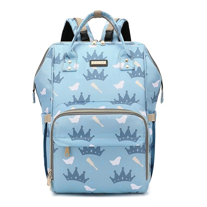 Diaper Bag Backpack, Diaper Bags for Baby Girls Boys, Baby Bags for Moms Dads, Nappy Changing Bag with Insulated Pockets,Multi-functional Waterproof Backpack with Stroller straps-Light blue crown