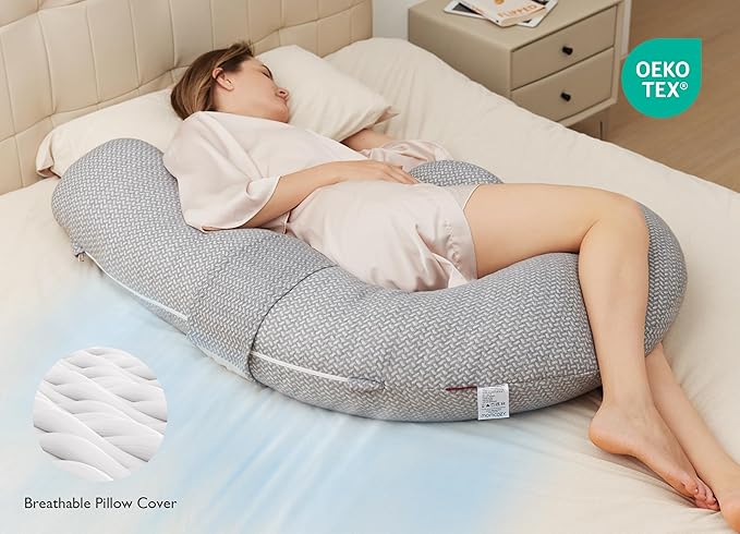 Momcozy Pregnancy Pillows, Original F Shaped, with Air Layer Cover, Grey