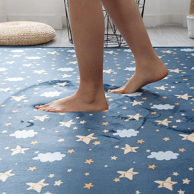 Loartee Coral Velvet Area Rug - 1" Thick Memory Foam Baby Play Mat, Washable Toddler Carpet, Home Decor for Living Room, Nursery, Kids Bedroom, Starry Blue, 4'11"x6'7"