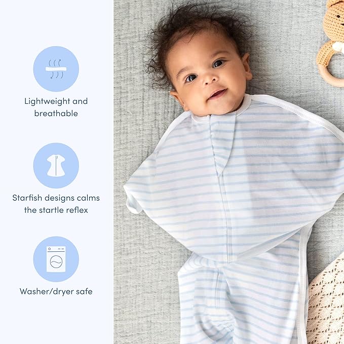 SleepingBaby Zipadee-Zip Transition Swaddle - Cozy Baby Swaddle Blanket with Zipper Convenience - Roomy Wearable Blanket for Easy Diaper Changes - Blue/Cream, Large (12-24 Month)