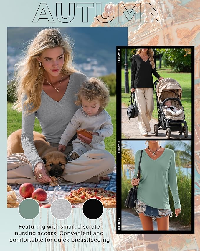 Huukeay 3 Pack Women's Long Sleeve Nursing Tops, Breastfeeding Hidden Zippers Shirts V Neck Maternity Pregnancy Tees Clothes