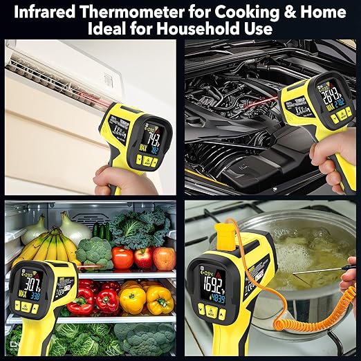 Infrared Thermometer Temperature Gun,-40°F to 1472°F, Non-Contact Digital IR Thermometer Temp Gun with Thermocouple Probe for Cooking, Pizza Oven, HVAC, Engine, Griddle, Adjustable Emissivity