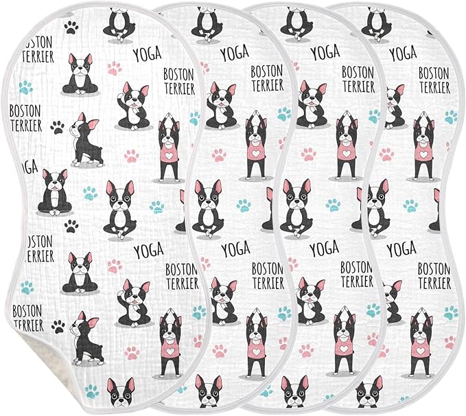 4 Pack Muslin Burp Cloths Dogs Yoga White Cotton Baby Burp Cloths Absorbent Soft Burping Cloth Washcloths for Newborn Baby Boys Girls 22x11 Inch
