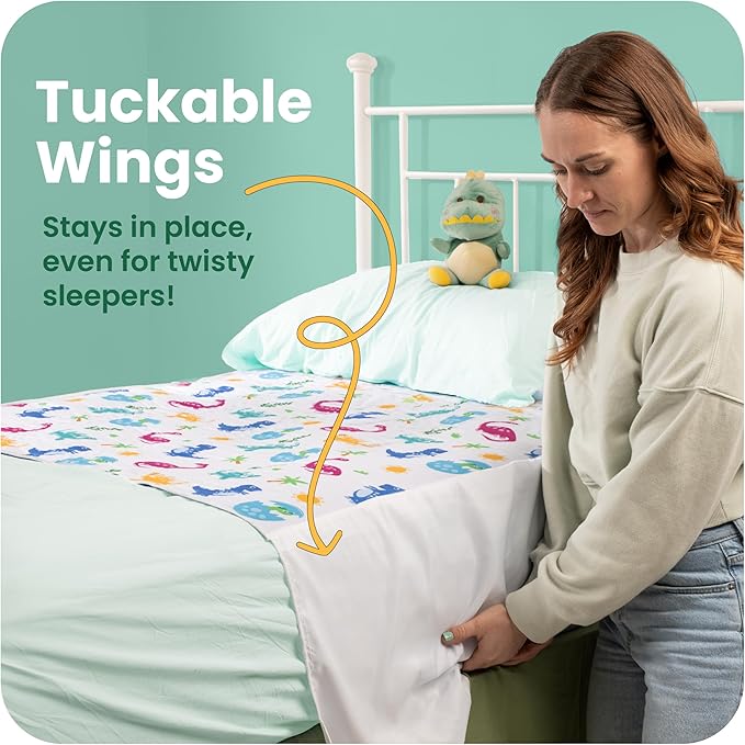 IMPROVIA® Toddler Bed Wetting Pad – 2 Pack 34x36 Waterproof Mattress Protector with Tuckable Wings – Ultra Absorbent, Non-Slip Washable Underpad for Kids & Potty Training – Dino Design (Dino)