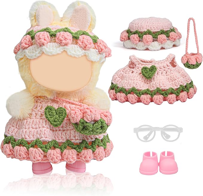 Handmade Crochet 17cm Doll Clothes - 3PCS Doll Outfites Include Hats and Bag, Cute Dolls Clothing Adorable Dress Up 15cm/17cm Dolls Accessories for Gift (Pink)