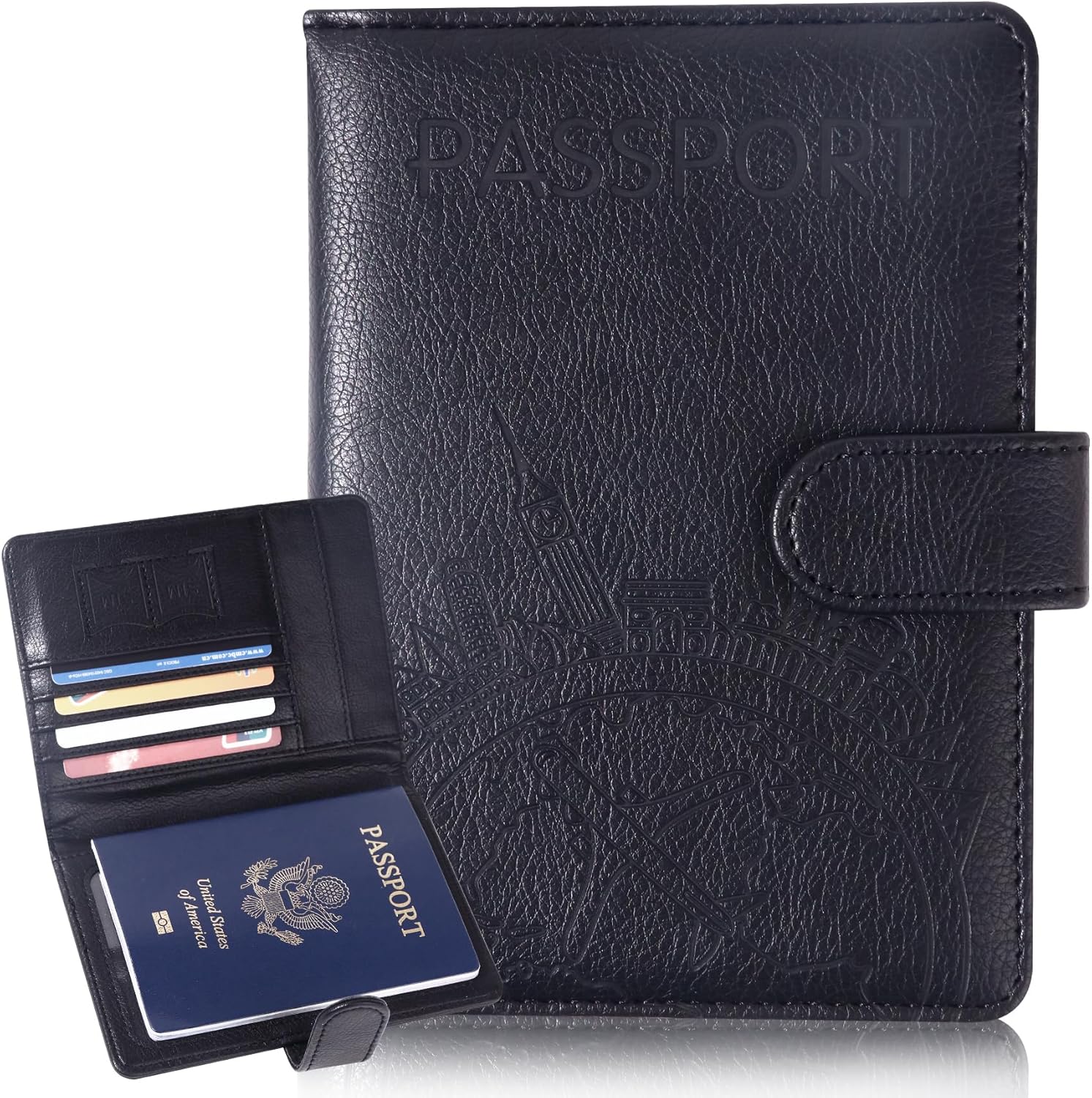 Passport Holder and Card Slot Combo RFID Blocking Leather Family Travel Passport Wallet Travel Accessories for Men Women US Passport Cover Protector (Travel black)