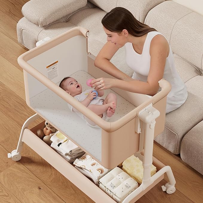 3-in-1 Baby Bassinet, Rocking Bassinet, Bedside Bassinet for Baby, Stable and Secure Bassinet Bedside Sleeper for Newborn & Infant, 6 Height Adjustable with Wheels, Mattress & Breathable Mesh (Khaki)