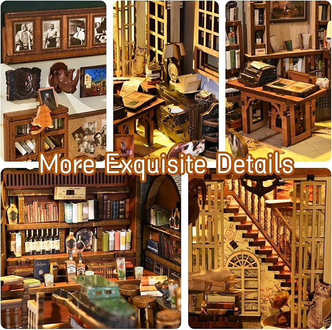 Book Nook Kit, DIY Miniature Dollhouse Booknook Kit, 3D Wooden Puzzle Bookend Bookshelf Insert Decor with LED Light for Teens and Adults(Hemingway House)