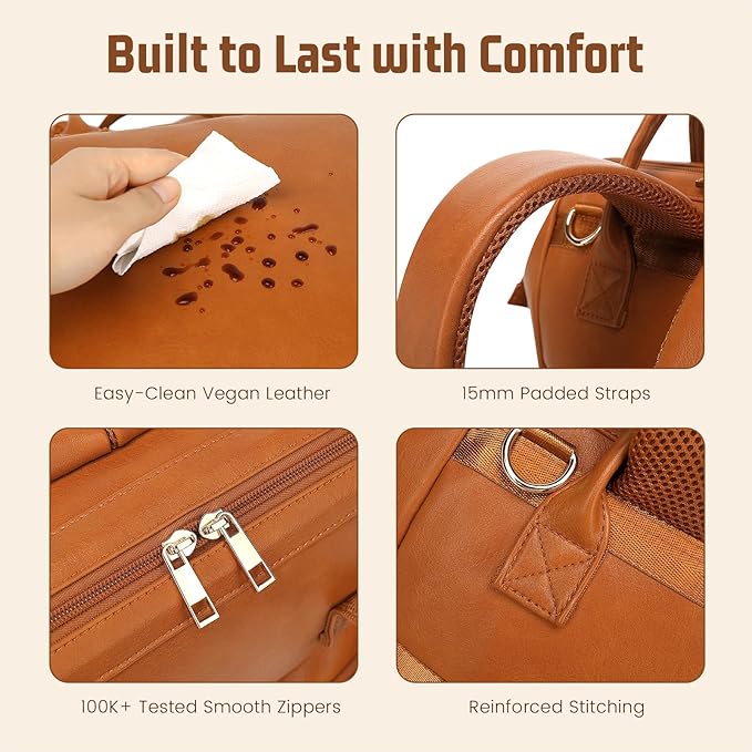 Premium Vegan Leather Diaper Bag Backpack with Waterproof Changing Pad – Reinforced Stitching & Zippers, Baby Bag for Boy Girl, Stroller Straps, Ergonomic Design for Traveling Moms, Brown