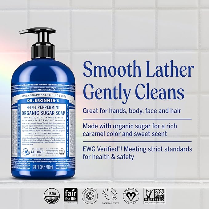 Dr. Bronner's Organic Sugar Soap (Peppermint, 64 Ounce)- Made with Organic Oils, Sugar & Shikakai Powder, 4-in-1 Uses: Hand and Body Wash, Face, Hair- Cleanses, Moisturizes, Nourishes, Vegan