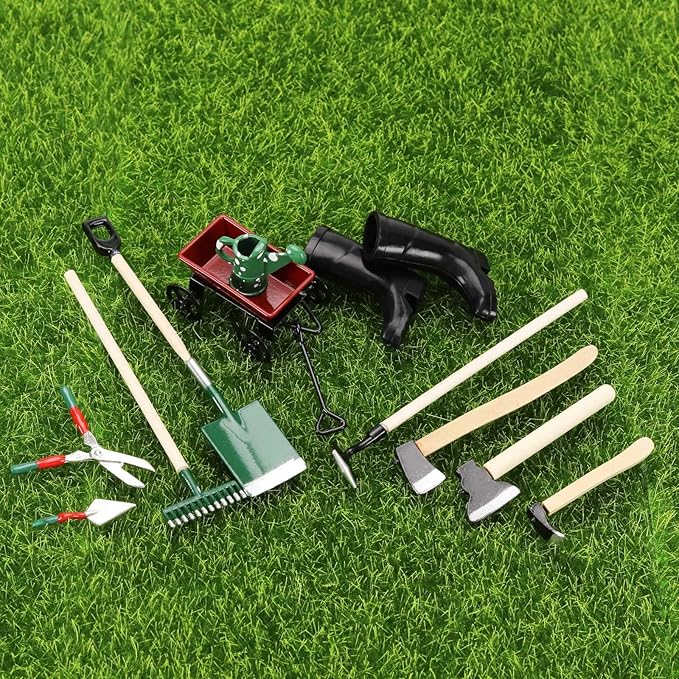 SG Store 11Pcs 1:12 Dollhouse Working Accessories Dolls House Miniature Garden Set Shovel Rake and Spade Watering Can Pulling Cart Mini Cart Garden Tools