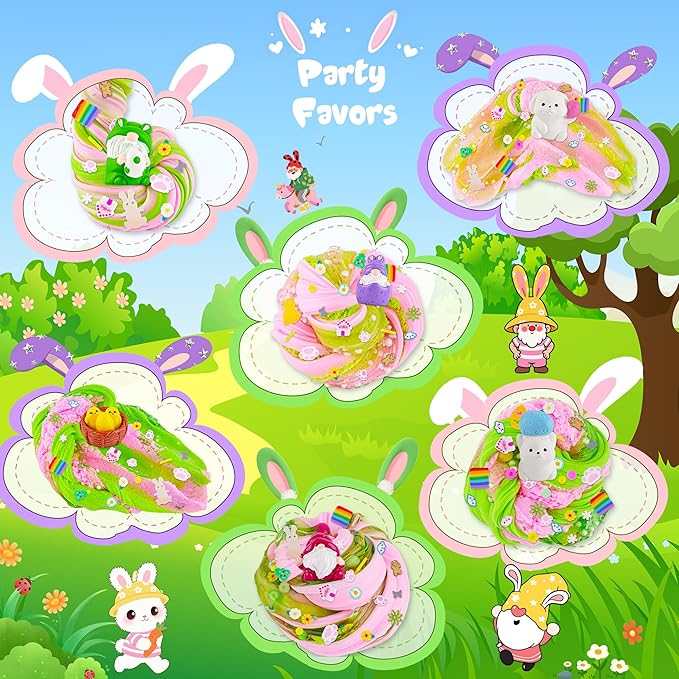 LAWOHO 6 Packs Bunny Pink Slime Kit -Cloud Clear Butter Slimes with Easter Charms & Add-ins, Soft Fluffy Slimes Kits for Girls & Boys, 360ml Pink & Green Easter Slime Making Kit Party Favor for Kids