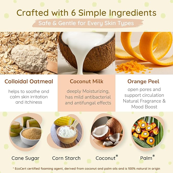 WIISH Baby Oatmeal Bubble Bath - Baby Bubble Bath for Sensitive Skin with 30% Colloidal Oatmeal | Orange + Coconut | Healing Ingredient, Soothing Itchiness, Rashes, Dryness 32 oz (520g)