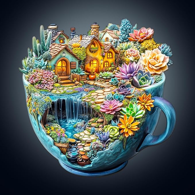 WOODBESTS Wooden Puzzles for Adults, Succulent Mug Wood Puzzles Adult(250 Pieces, L, 13.4 * 13.3in), Unique Shape Wooden Animal Jigsaw Puzzles, Birthday Gifts for Adults Family Game