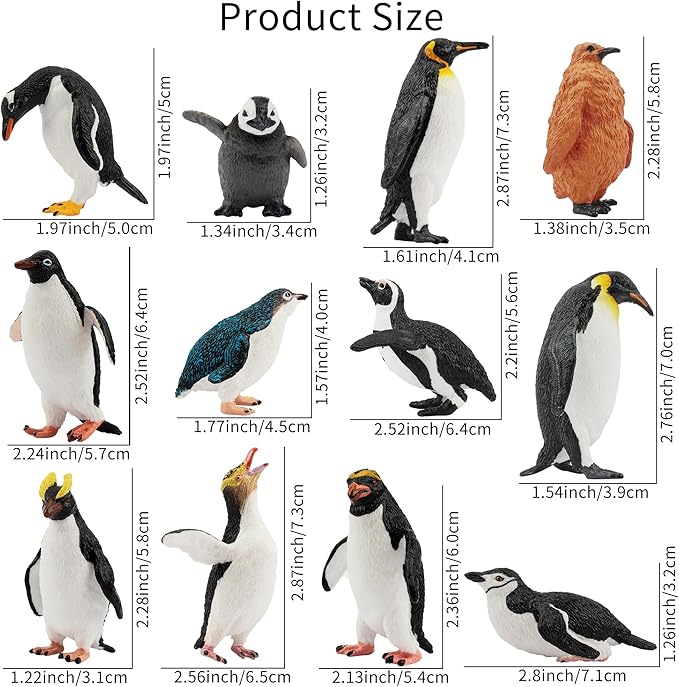Toymany 12PCS Realistic Penguin Figurines, Plastic Polar Antarctic Animal Figures Set with Penguin Cub, Easter Eggs Cake Toppers Christmas Birthday Gift for Kids Toddlers