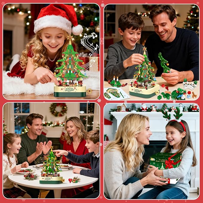 SpringFlower 594 PCS Christmas Tree Building Block Set, Rotating Music Box Christmas Building Block Tree for Boys Girls Adults, Xmas Gifts Decorations for Kids Adults Teens,Green