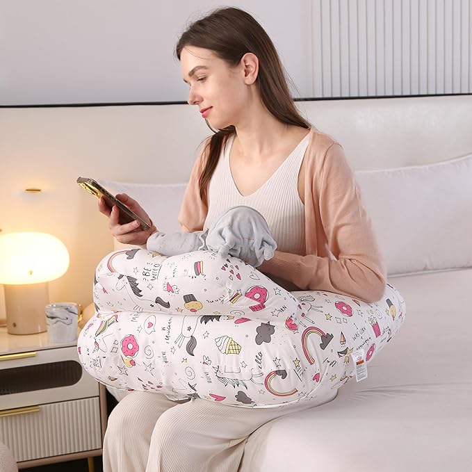 Nursing Pillow for Breastfeeding,Ergonomic Baby Feeding Pillows with Removable Washable Cotton Slipcover, Adjustable Waist Strap,Plus Size,More Support for Mom and Baby(Unicorn)