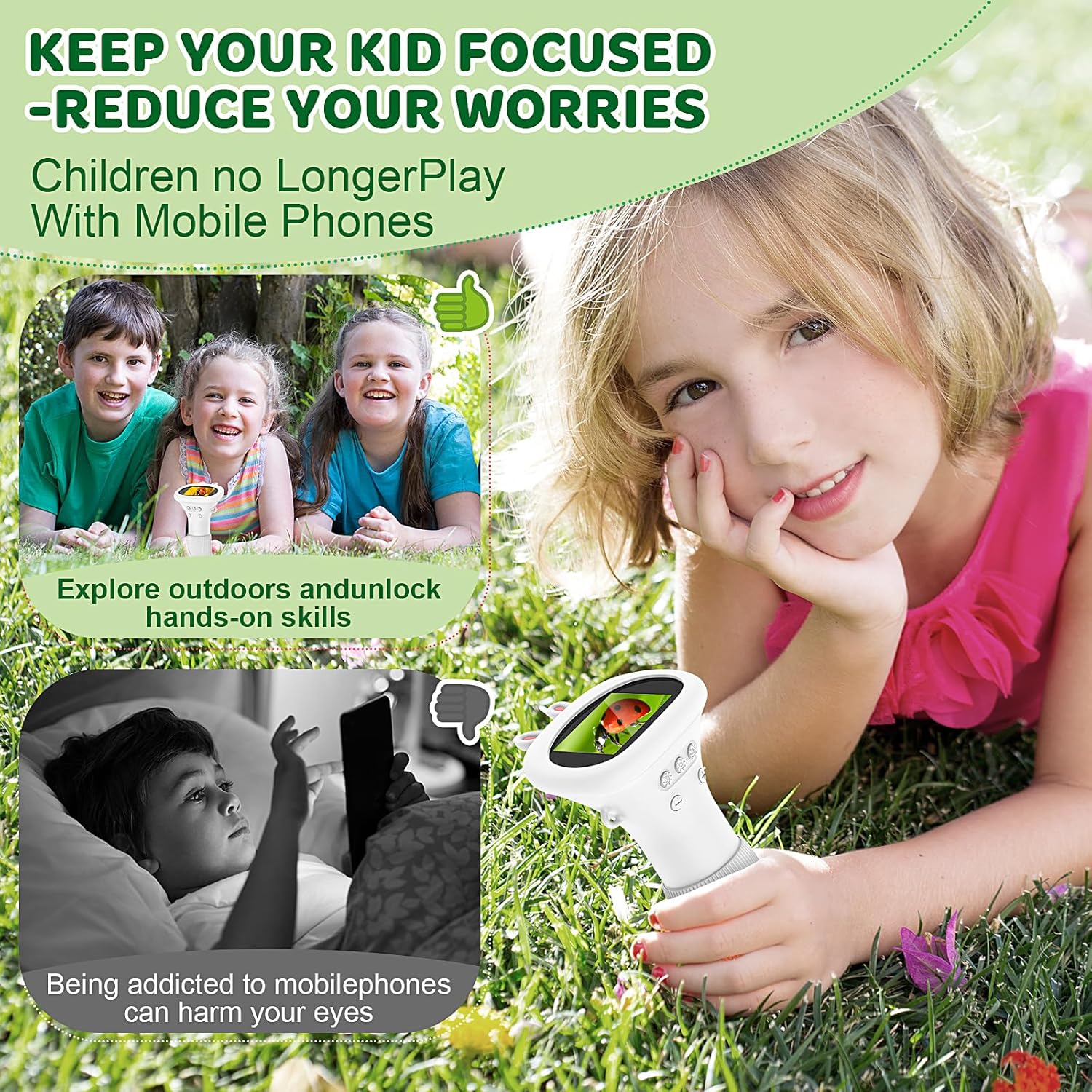 HUTACT Kids Portable Microscope with 2'' Screen - 1000X Digital Handheld Microscope with Prepared Slides Kit, Christmas Birthday Gifts for Kids All Age