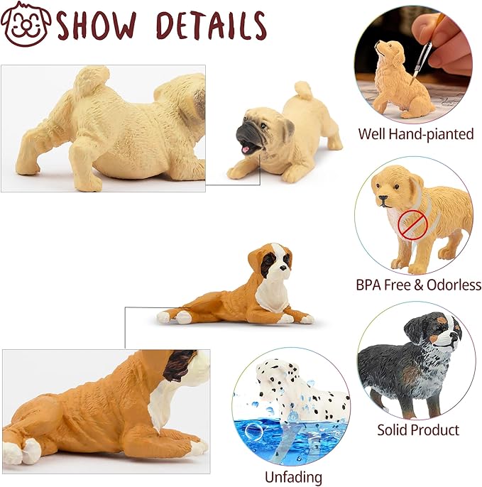 Toymany 12PCS Mini Dog Figurines Playset, Realistic Detailed Plastic Puppy Figures, Hand Painted Emulational Tiny Dogs Animals Toy Set, Cake Toppers Christmas Birthday Gift for Kids Toddlers