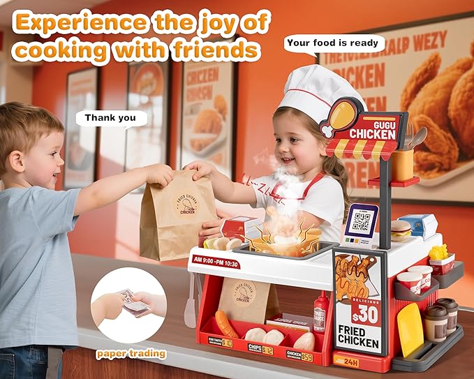 Kids Kitchen Food PlaySet - Simulated Fried Chicken Fast Food Store Toy with Cash Register, Includes Color-Changing Food, Suitable Birthday Gift for Boys and Girls Aged 3-5