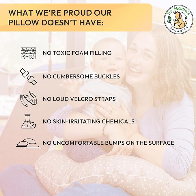 Dr. Mama's Organics Nursing Pillow with Lumbar Support - Ergonomic Design Helps Relieve Back Pain and Arm Fatigue - for Bottle and Breastfeeding - Removable Organic Cotton Cover - (Gray Stars)