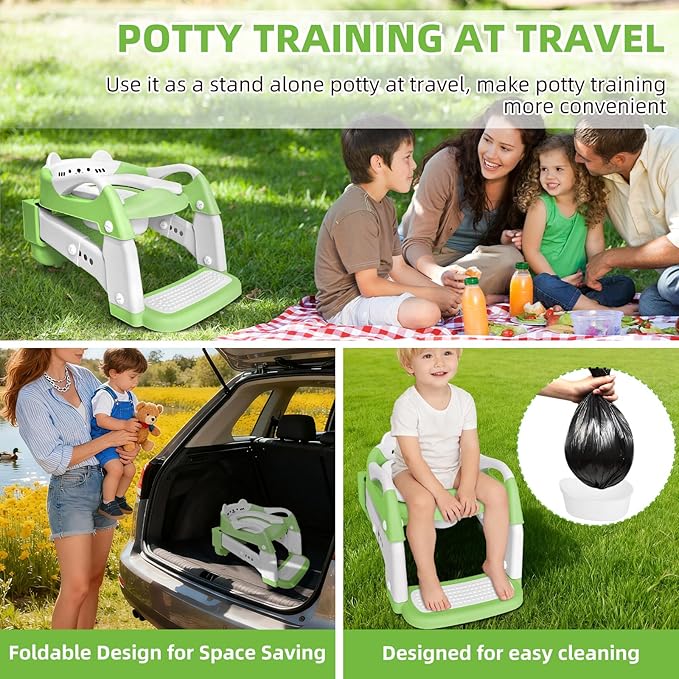 Potty Training Seat, Upgrade Toddler Toilet Seat for Kids Boys Girls, 3 in 1 Potty Training Toilet with Step Stool Ladder-Non Slip Foldable (Green+White)