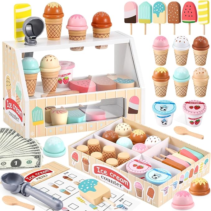 Wooden Ice Cream Toys Kids Play Store Pretend Toy for Toddlers, Play Kitchen Accessories with Scoop, Menu, Fake Money, Ice Cream Play Set Birthday Christmas Gifts for 3 4 5 6 Year Old Girls Boys