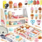 Wooden Ice Cream Toys Kids Play Store Pretend Toy for Toddlers, Play Kitchen Accessories with Scoop, Menu, Fake Money, Ice Cream Play Set Birthday Christmas Gifts for 3 4 5 6 Year Old Girls Boys