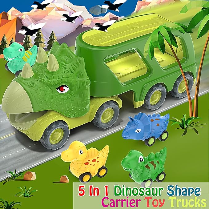 Veslier Dinosaur Car Toy for 3 4 5 Years Old Boys, Friction Power Carrier Truck with 4 Pack Small Pull Back Dino Car, Christmas Birthday Gift for 3+ Boy Girl Kids Toddlers