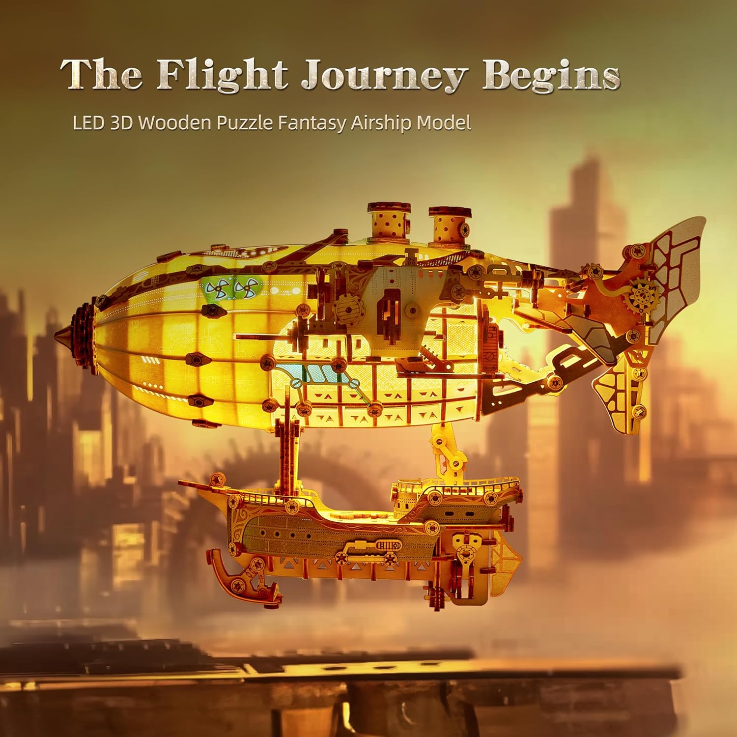 LED 3D Wood Puzzle Fantasy Airship Model - Steampunk DIY Craft Kit with LED Lights – Intricate Wooden Airship Model Building Set for Teens and Adults(White)