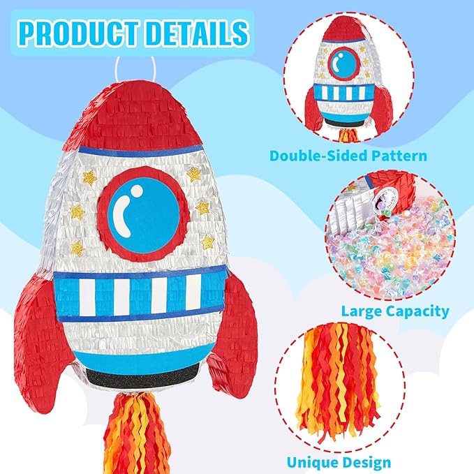 WERNNSAI Rocket Piñata - Rocket Ship Pinata Bundle with Blindfold and Bat Space Birthday Party Decoration for Boys Kids Family Games Piñata Space Ship Theme Party Supplies